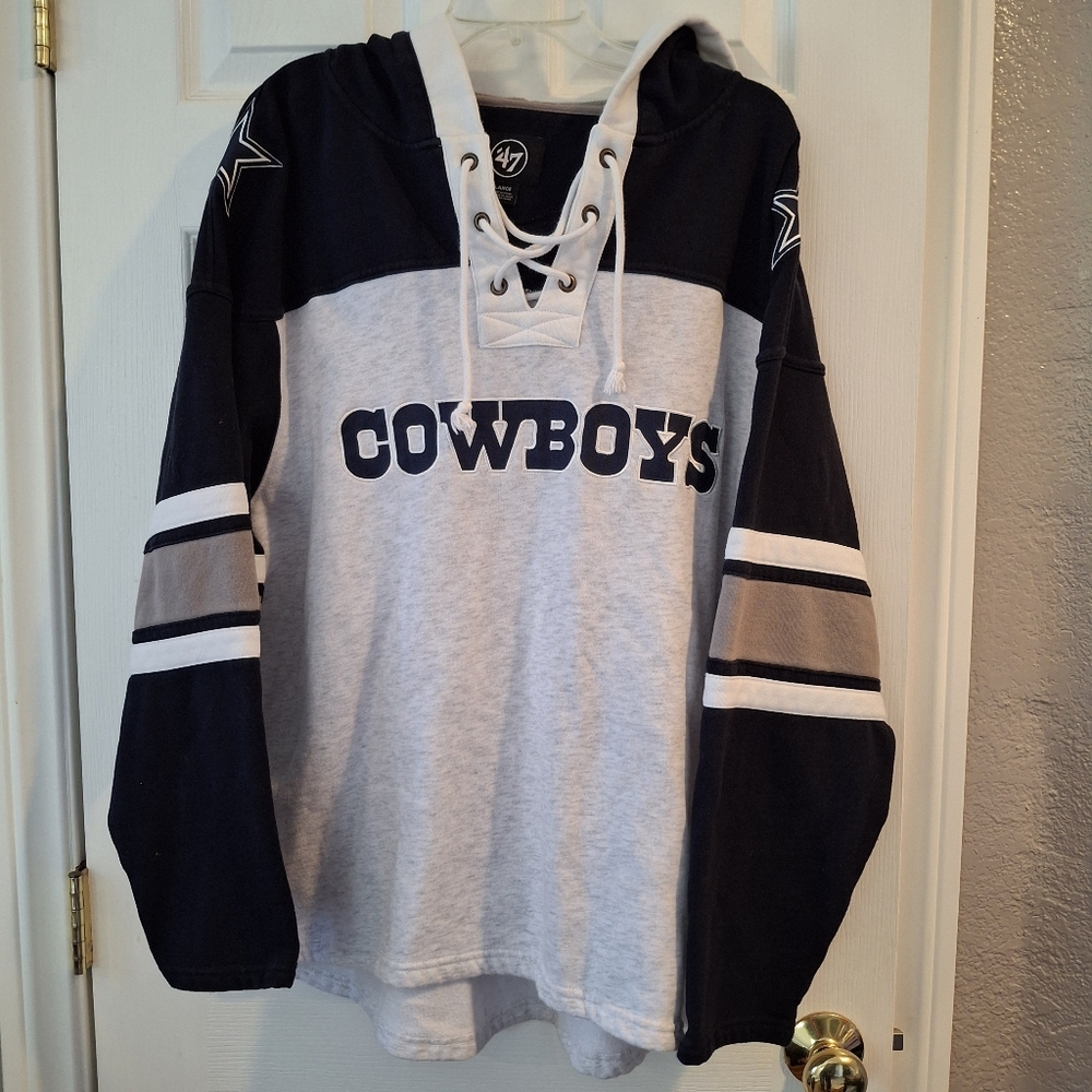 Dallas Cowboys '47 Brand Gridiron Lace-Up Pullover Hoodie Heather Gray Sz L NFL